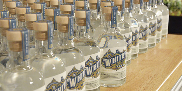 Picture of several rows of Whitby Gin Distillery bottles.