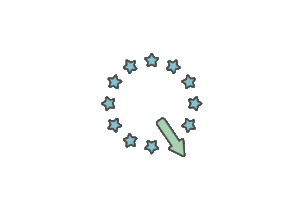 A circle of 12 blue stars in the layout associated with the EU flag, with an arrow pointing down and to the right to represent leaving the EU