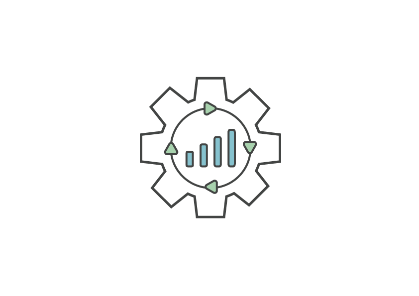 Graphic of a cog with a bar graph inside of it, with circular arrows around it to signify the cog turning like a business operation