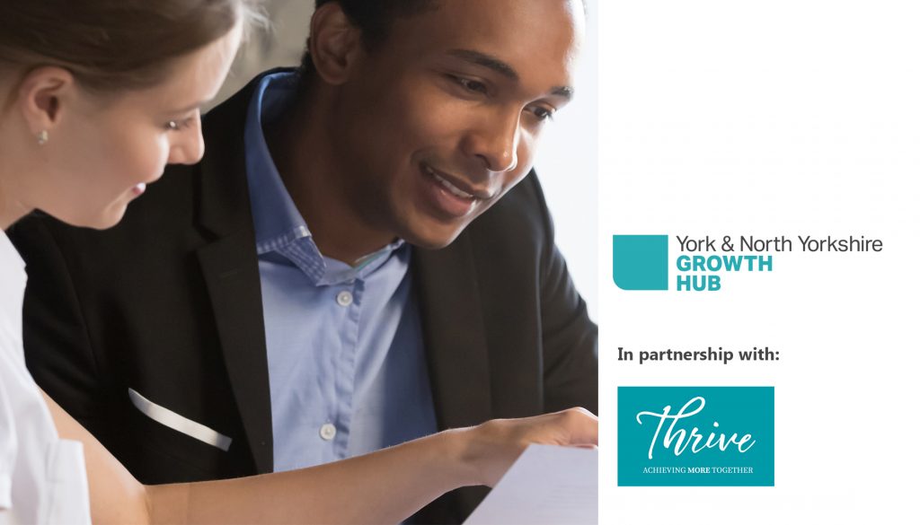 Promotional image for the webinar 'How to conduct a fair redundancy process', conducted by York & North Yorkshire Growth Hub and Thrive Law. The stock image is of two people sitting down, looking at some paper.