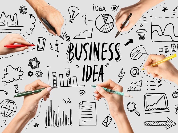 The words 'business idea' in the centre of a mind map with decorative graphics around it