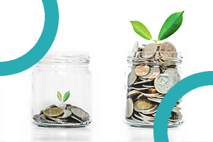 Stock image showing green shoots growing out of jars of money, one full, one quite empty.