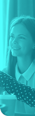 Woman looking away from the camera. This image has a blue overlay and is decorative only.